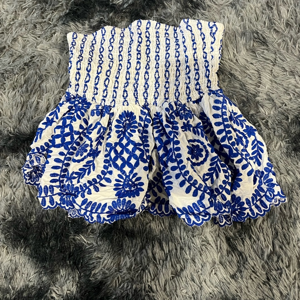SHEIN Blue and White Embroidered Crop Top